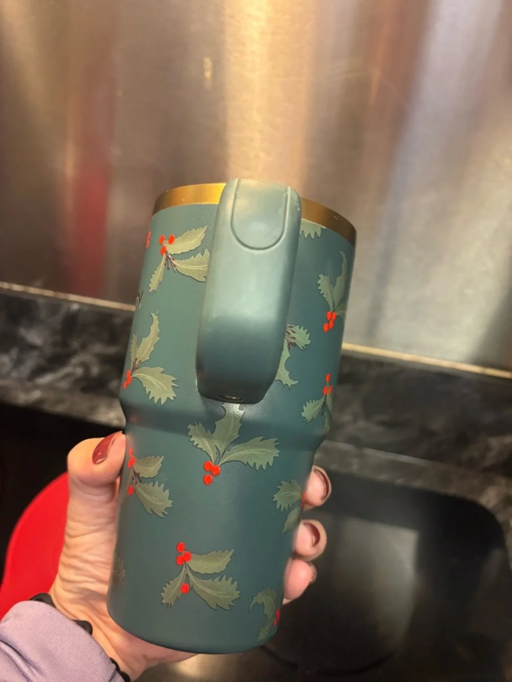 Stanley Green Travel Mug with Gold Logo and Red Holly - Picture 2 of 6